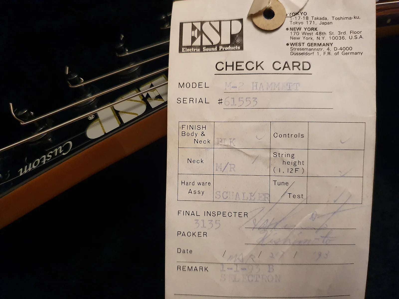 1993 ESP Custom Shop FIRST Year M-II Kirk Hammett Metallica NO Signature RARE! Hang Tag! KH-2 KH2 M2
