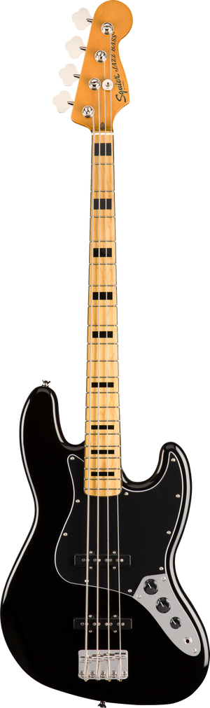 Black electric bass guitar with a maple neck on a white background