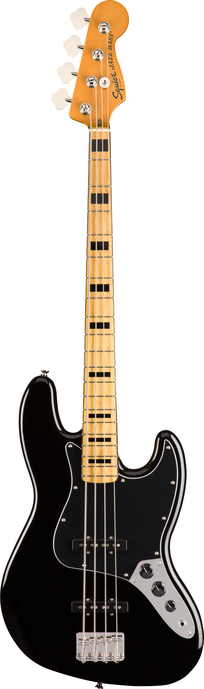 Black electric bass guitar with a maple neck on a white background