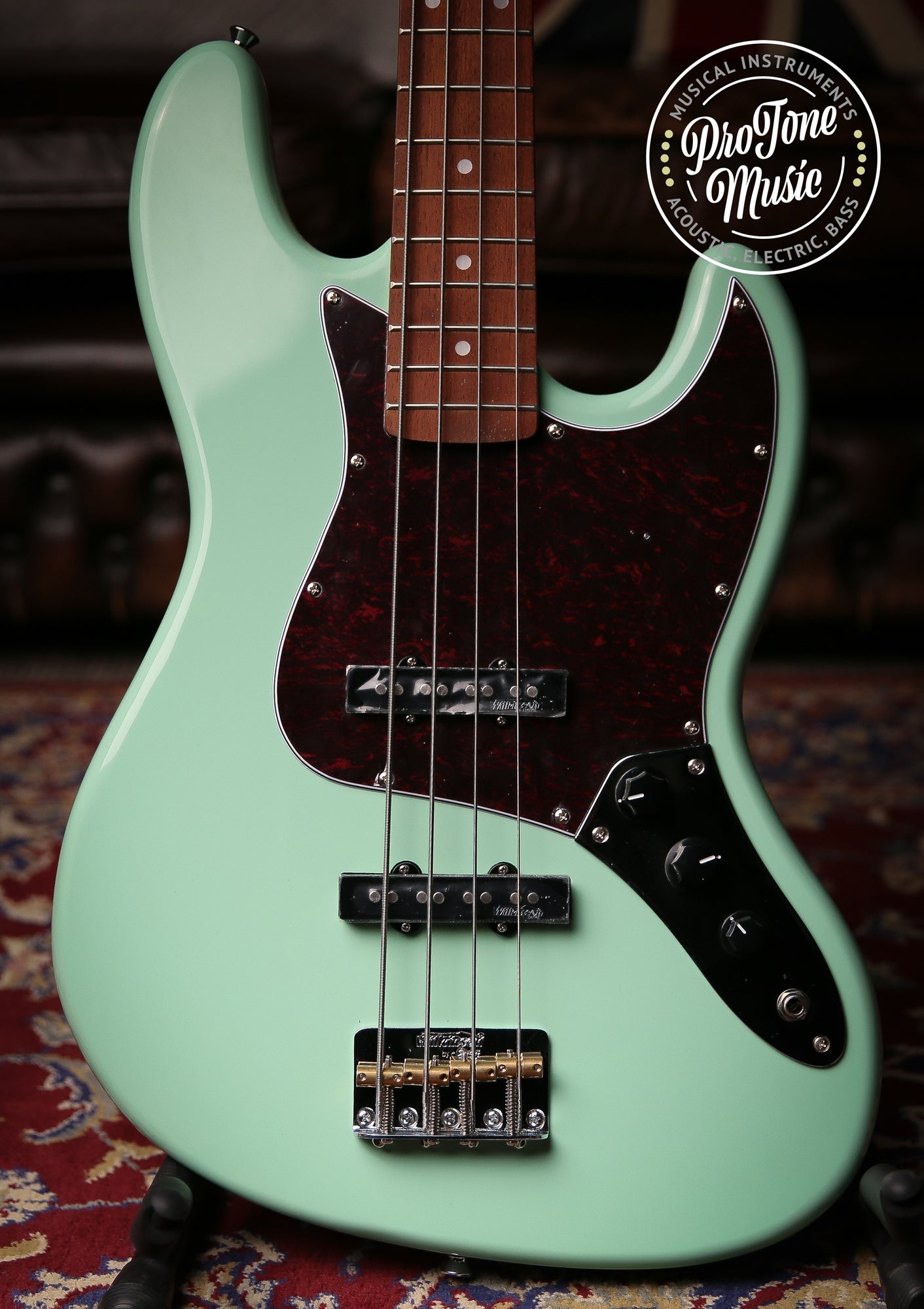 Vintage VJ74 Reissued Bass Ventura Green Matching Colour Headstock - ProTone Music