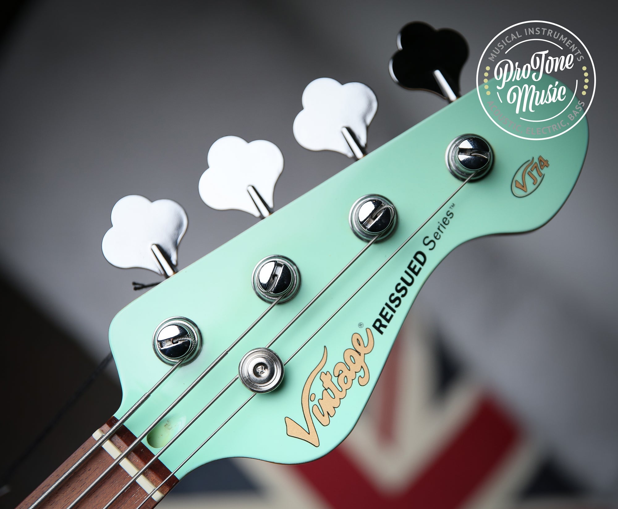 Vintage VJ74 Reissued Bass Ventura Green Matching Colour Headstock - ProTone Music