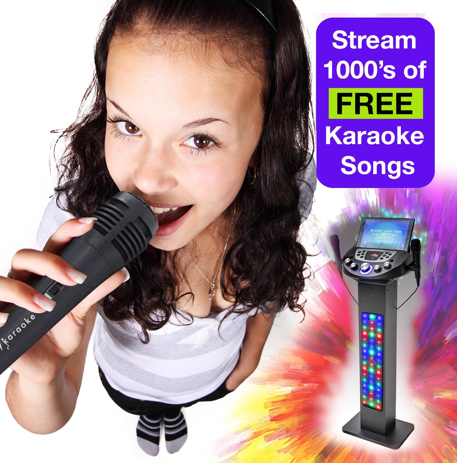 Easy Karaoke Smart Bluetooth® Pedestal Karaoke System with Light Effects + 2 Mics
