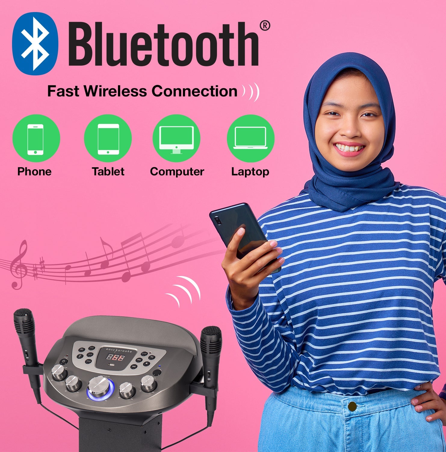 Easy Karaoke Smart Bluetooth® Pedestal Karaoke System with Light Effects + 2 Mics