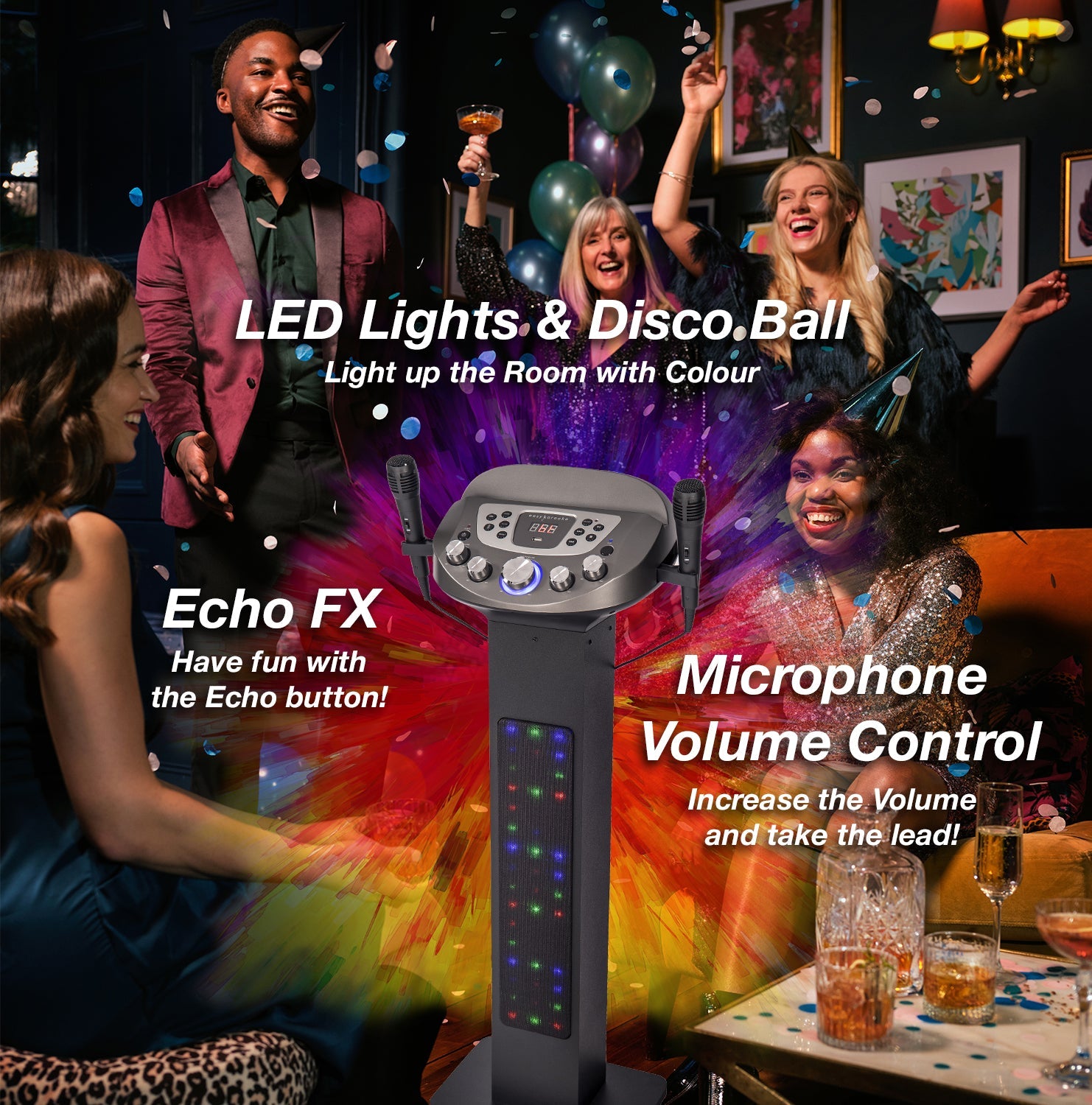 Easy Karaoke Smart Bluetooth® Pedestal Karaoke System with Light Effects + 2 Mics