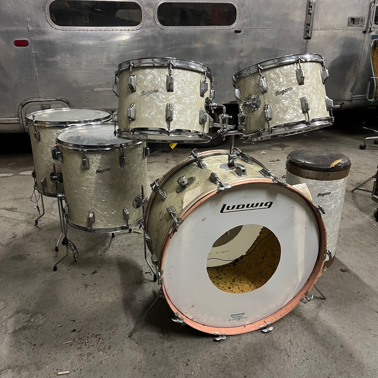 Vintage 1960s Rogers BIG Sizes White Marine Pearl Drum Kit